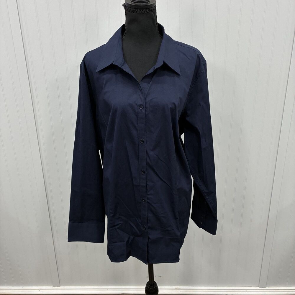 Talbots Woman Button Down Shirt Womens 22W Blue Stretch Long Sleeve Cotton